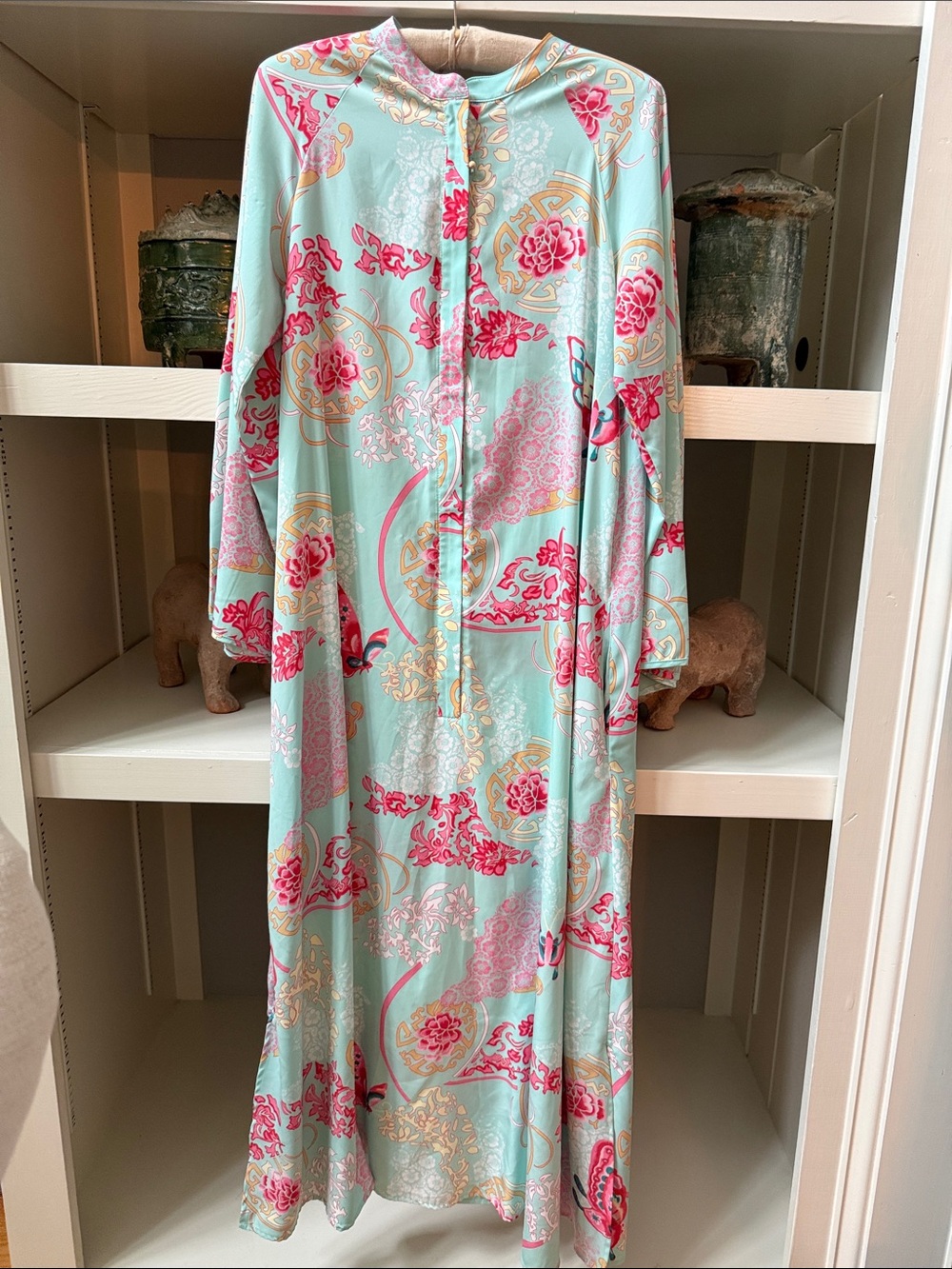 Vintage Natori Chinoiserie Caftan Dress Size S Seafoam Aqua Lounger Robe